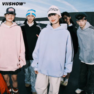 男纯色连帽情侣外套 休闲运动卫衣秋新款 VIISHOW美式 三条杠插肩袖