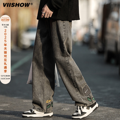 VIISHOW高街复古直筒印花牛仔裤