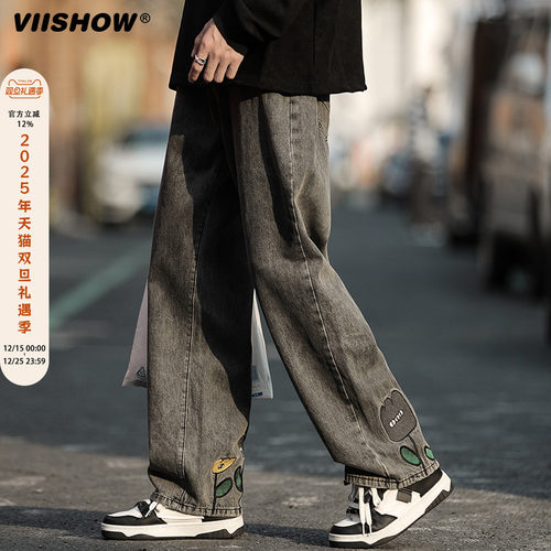 VIISHOW高街复古直筒印花牛仔裤