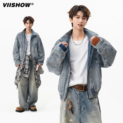 VIISHOW分割牛仔外套男女秋季美式重工水洗情侣夹克高街解构上衣