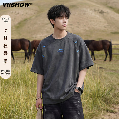 VIISHOW夏季潮牌刺绣拼接短袖美式休闲体恤宽松复古半袖情侣T恤男