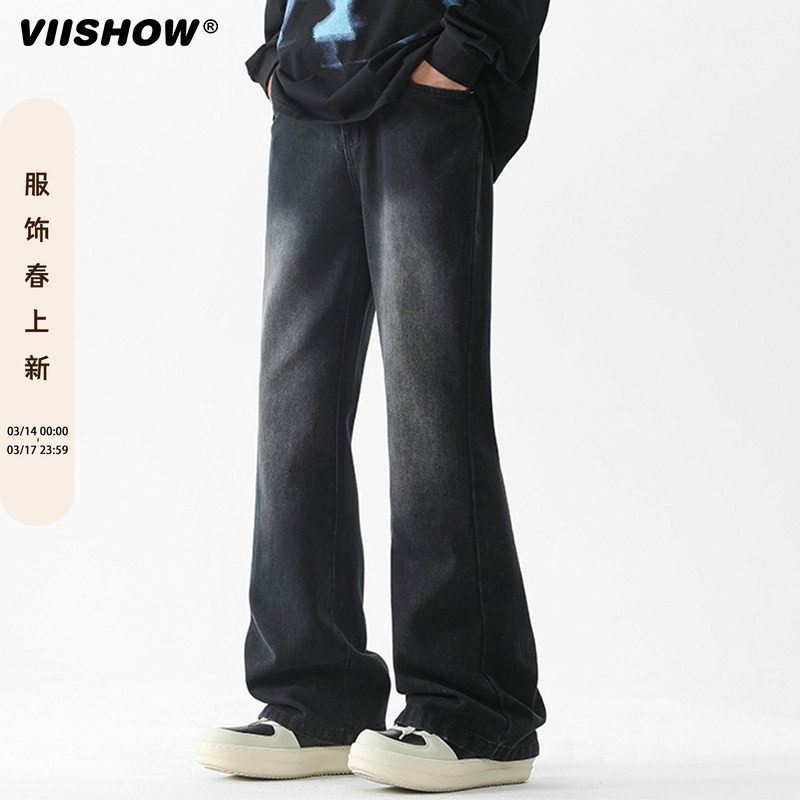 VIISHOW黑色微喇牛仔裤男生春秋季修身弯刀裤子宽松直筒阔腿长裤