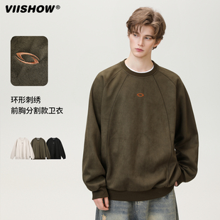 宽松情侣百搭套头上衣 VIISHOW复古潮牌麂皮绒刺绣圆领卫衣男美式