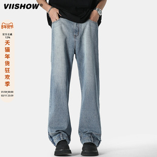 VIISHOW反方向倒装牛仔裤男美式宽松复古水洗微喇裤潮牌阔腿长裤