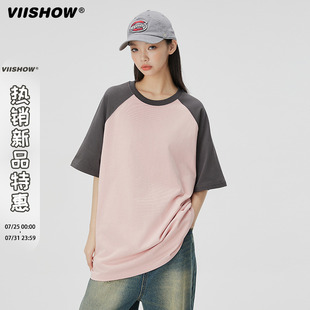 休闲上衣 VIISHOW复古时尚 拼色短袖 T恤男潮牌情侣宽松夏装 插肩袖