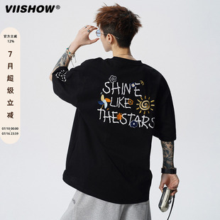 VIISHOW字母花卉刺绣短袖男夏季重磅潮牌圆领T恤复古宽松半袖体恤