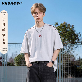VIISHOW重磅纯棉圆领短袖男款2026夏新款复古刺绣上衣宽松情侣T恤
