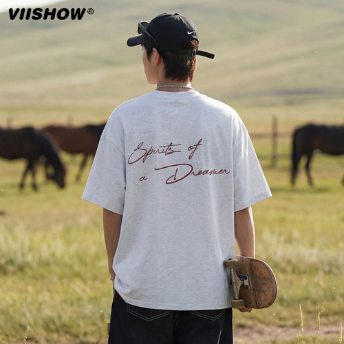 VIISHOW美式纯棉复古字母印花短袖T恤男士夏季宽松五分袖休闲上衣