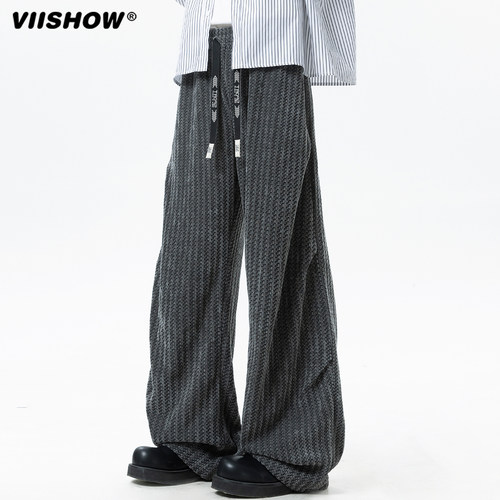 VIISHOW美式复古斑马纹灯芯绒休闲裤男女冬季潮牌阔腿直筒拖地裤