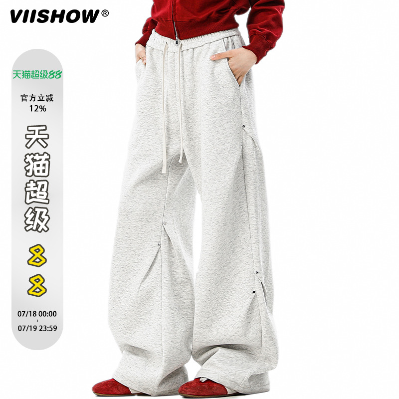 VIISHOW美式高街铆钉褶皱休闲裤男潮牌cleanfit直筒宽松运动卫裤