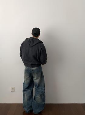 Daily 1|美式猫须水洗做旧牛仔裤复古蓝百搭宽松磨白阔腿直筒长裤