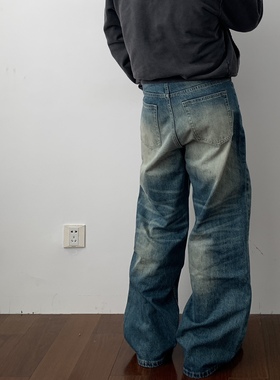 Daily1复古青蓝色直筒牛仔裤美式重工水洗立体猫须宽松阔腿长裤男