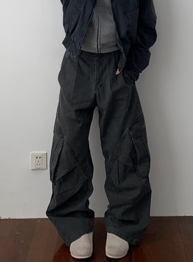Daily 1|堆积褶皱直筒阔腿裤日系复古多口袋宽松工装裤拖地长裤潮