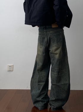 Daily1复古黄泥染牛仔裤美式街头水洗做旧宽松长裤日常显瘦弯刀裤