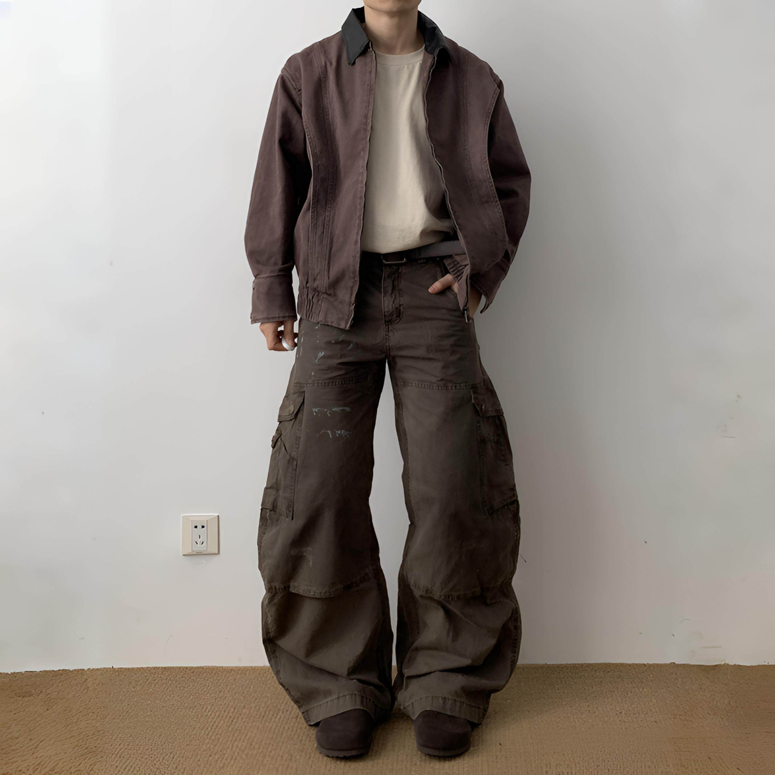 Daily 1|朋克风水洗做旧工装夹克设计感重工解构撞色翻领外套上衣