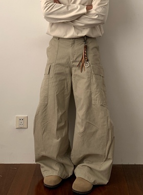 Daily 1|堆积褶皱大口袋工装裤美式街头做旧纯色宽松弯刀裤休闲裤