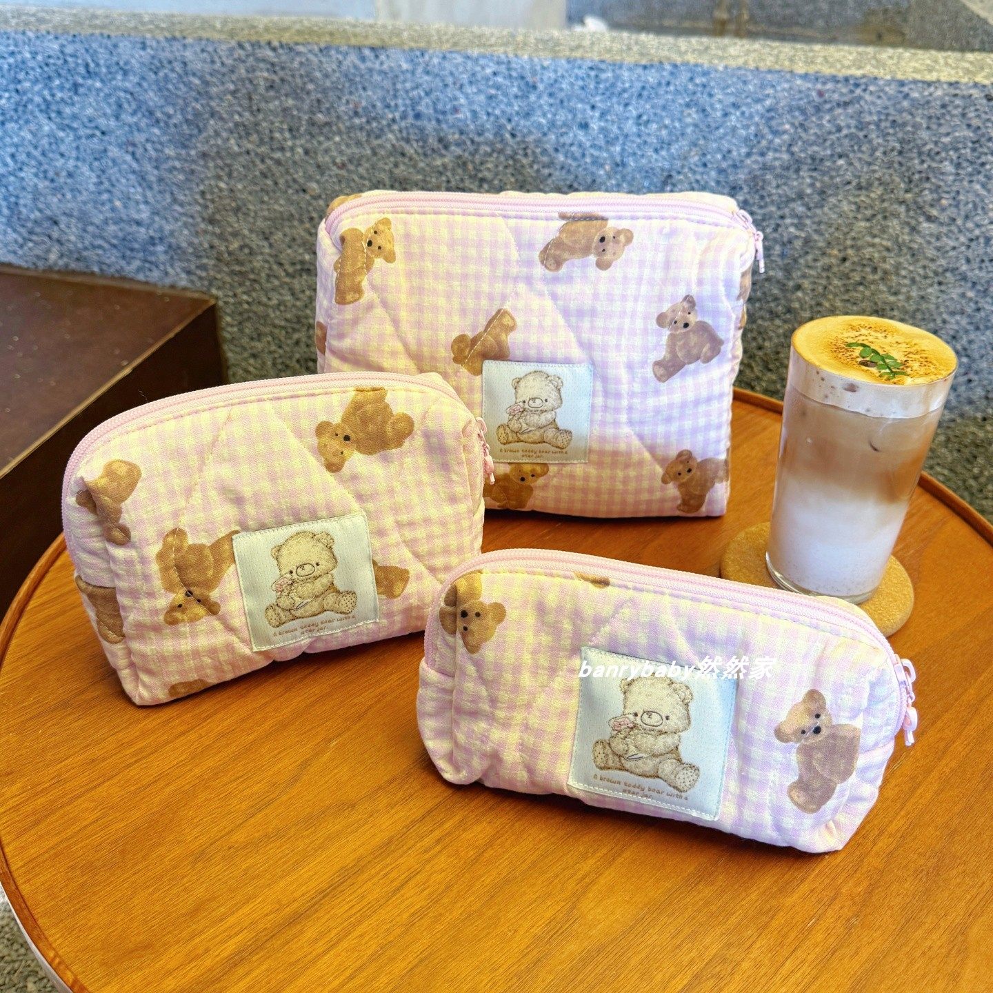 韩国可爱卡通小熊棉布化妆包外出旅行洗漱包大容量拉链格子收纳包