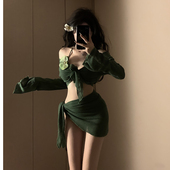 橄榄绿分体新款 比基尼泳衣女纯欲风性感显白小胸显瘦长袖 海岛度假