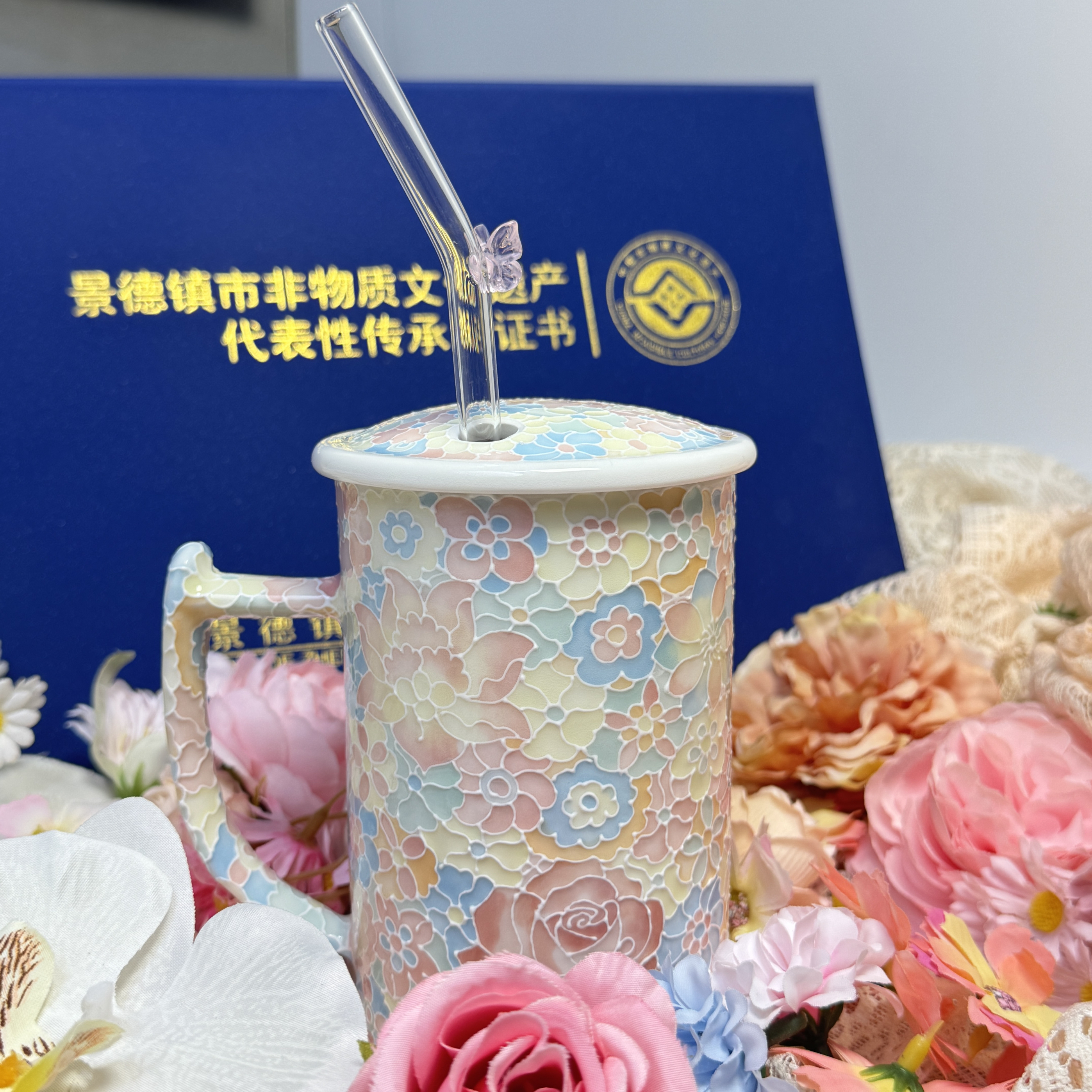景德镇手绘立体万花马克杯带盖办公咖啡杯情侣闺蜜礼物伴手礼吸管