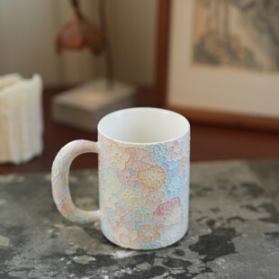 景德镇手绘立体浮雕万花陶瓷马克杯大容量办公把杯闺蜜新婚伴手礼