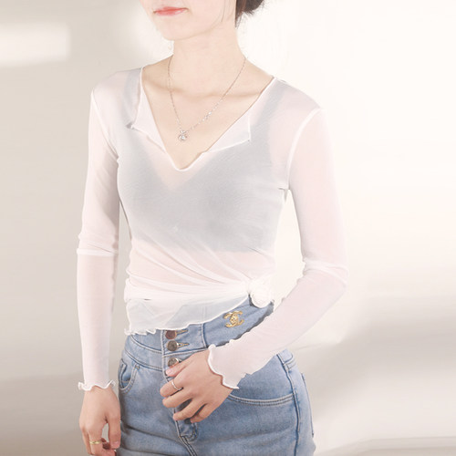 网纱新款网状镂空修身t恤网纱内搭上衣打底衫女长袖2022春夏装新