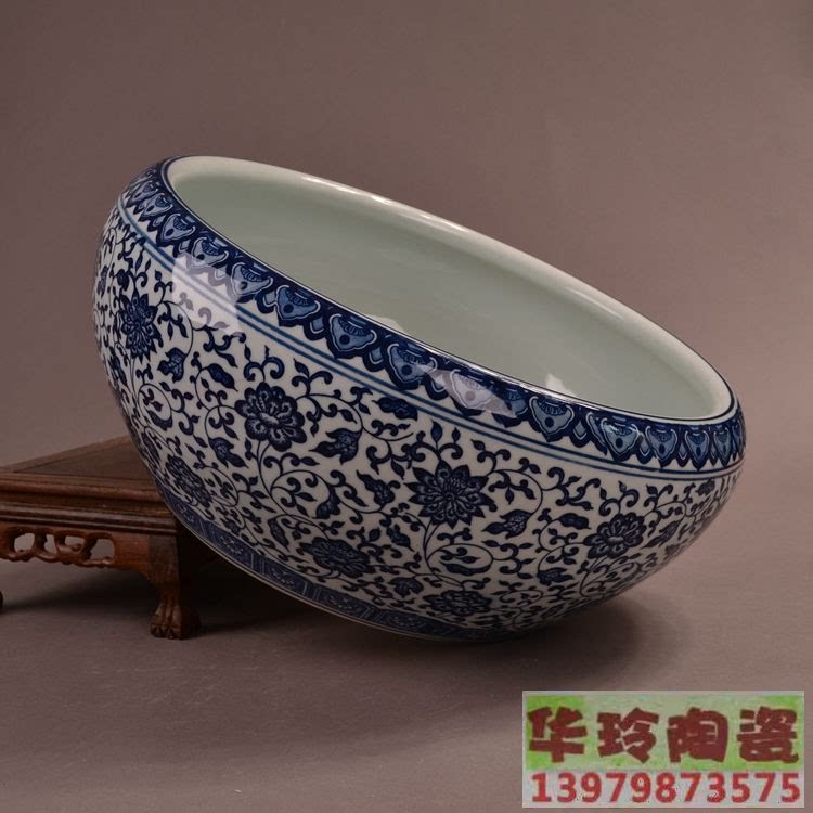 景德镇青花陶瓷金鱼缸泡菜缸大碗乌龟缸食品摆件小型鱼缸睡莲碗莲