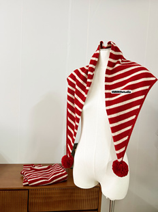 初遇日系手工球球100羊毛条纹三角围巾圣诞主题红色围脖保暖百搭