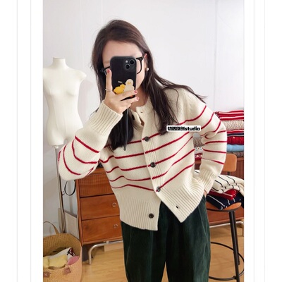 100羊毛条纹开衫毛衣加厚保暖柔软百搭叠穿羊毛衫宽松女