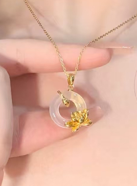 仿白玉平安扣项链女金荷花锁骨链