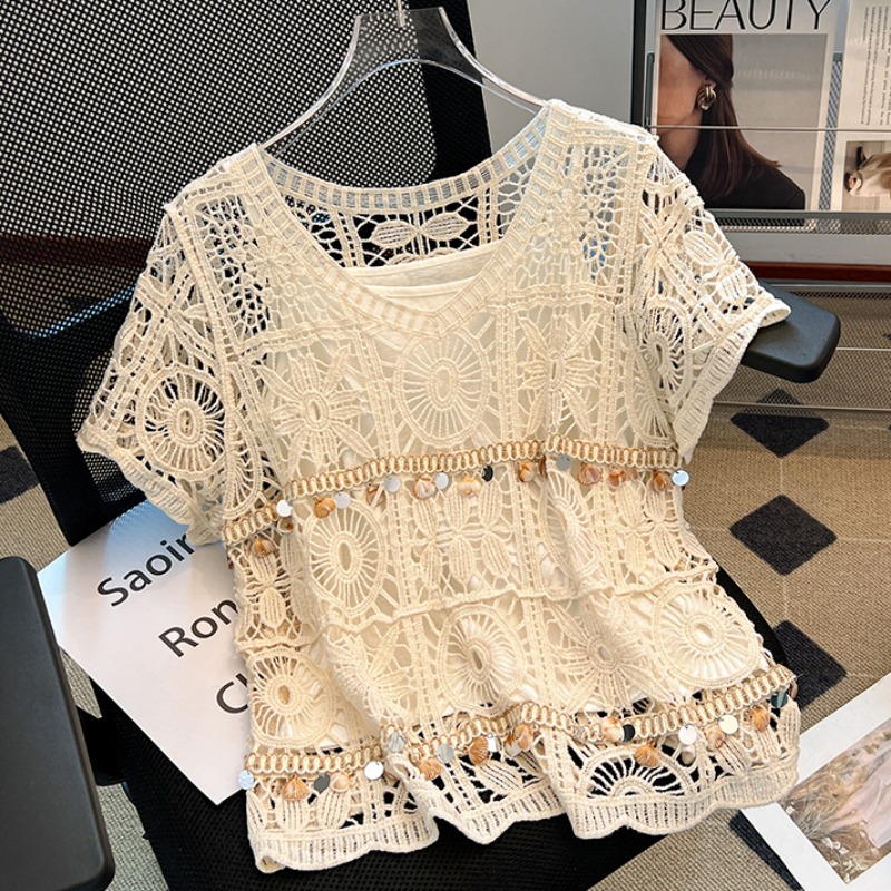 度假风别致蕾丝边镂空罩衫钉珠设计感女夏季无袖背心上衣两件套装
