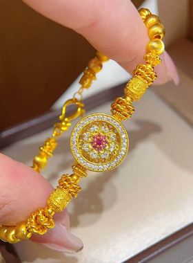 仿真黄金点钻莲花转动罗盘手链女