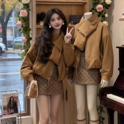 冬季穿搭一整套高级感韩系气质宽松加厚棉服短外套显瘦半身裙套装