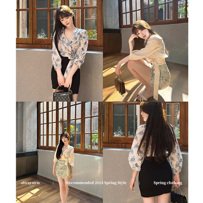 长袖低胸印花女装绑带