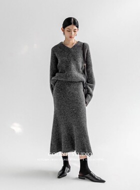 alwaysiris 媛鸢/2023aw coline经典气质简约V领羊驼毛鱼尾裙套装