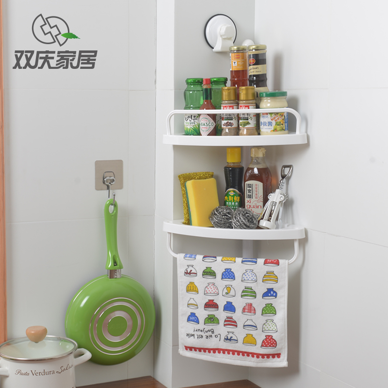 双庆强力吸盘浴室扇形角落架 卫生间吸壁式三角架 厨房双层置物架