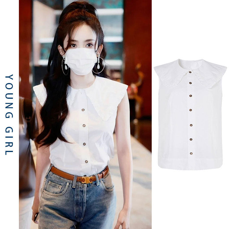 明星古力娜扎同款衣服无袖白色衬衫娃娃领别致法式长袖上衣女夏季