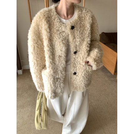 实拍 韩版复古高级感圆领单排扣皮毛一体保暖短外套