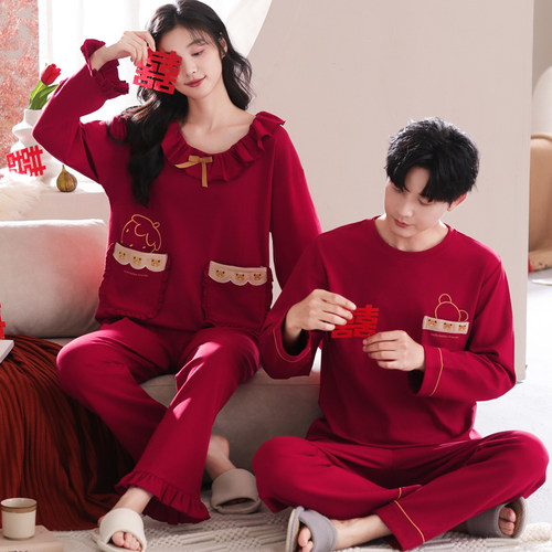 情侣睡衣穿春秋款2026新款纯棉长袖女红色新婚本命年家居服男套装