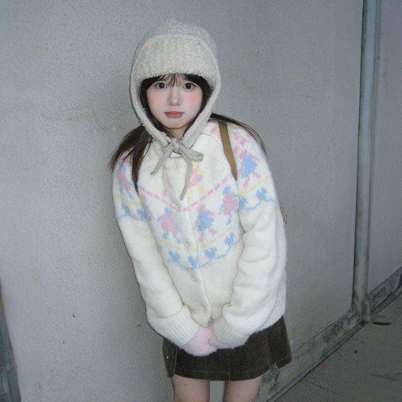 甜美可爱奶呼呼学院风圆领毛衣开衫女学生秋冬季宽松休闲针织外套