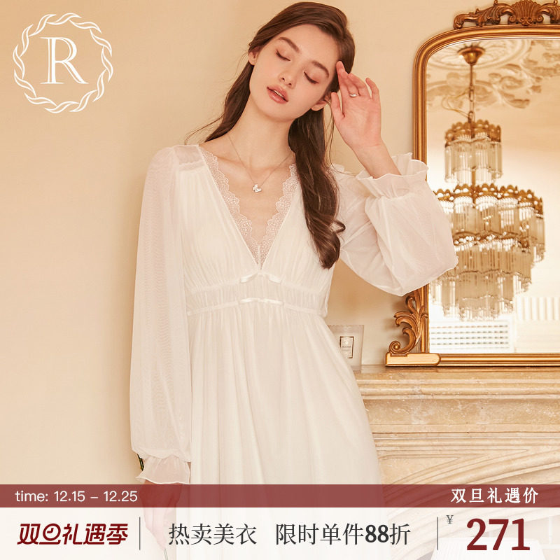 RoseTree优雅柔纱V领长袖睡裙