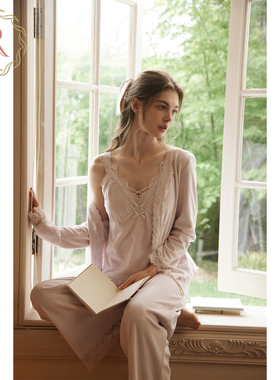 RoseTree珊瑚绒睡衣女款三件套秋冬季薄绒家居服套装带胸垫可外穿