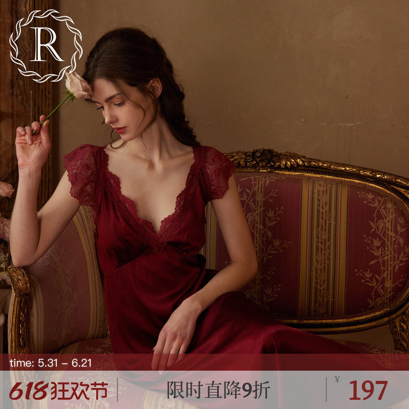 RoseTree吊带睡裙女款夏季法式绝美蕾丝性感红色冰丝睡衣带胸垫
