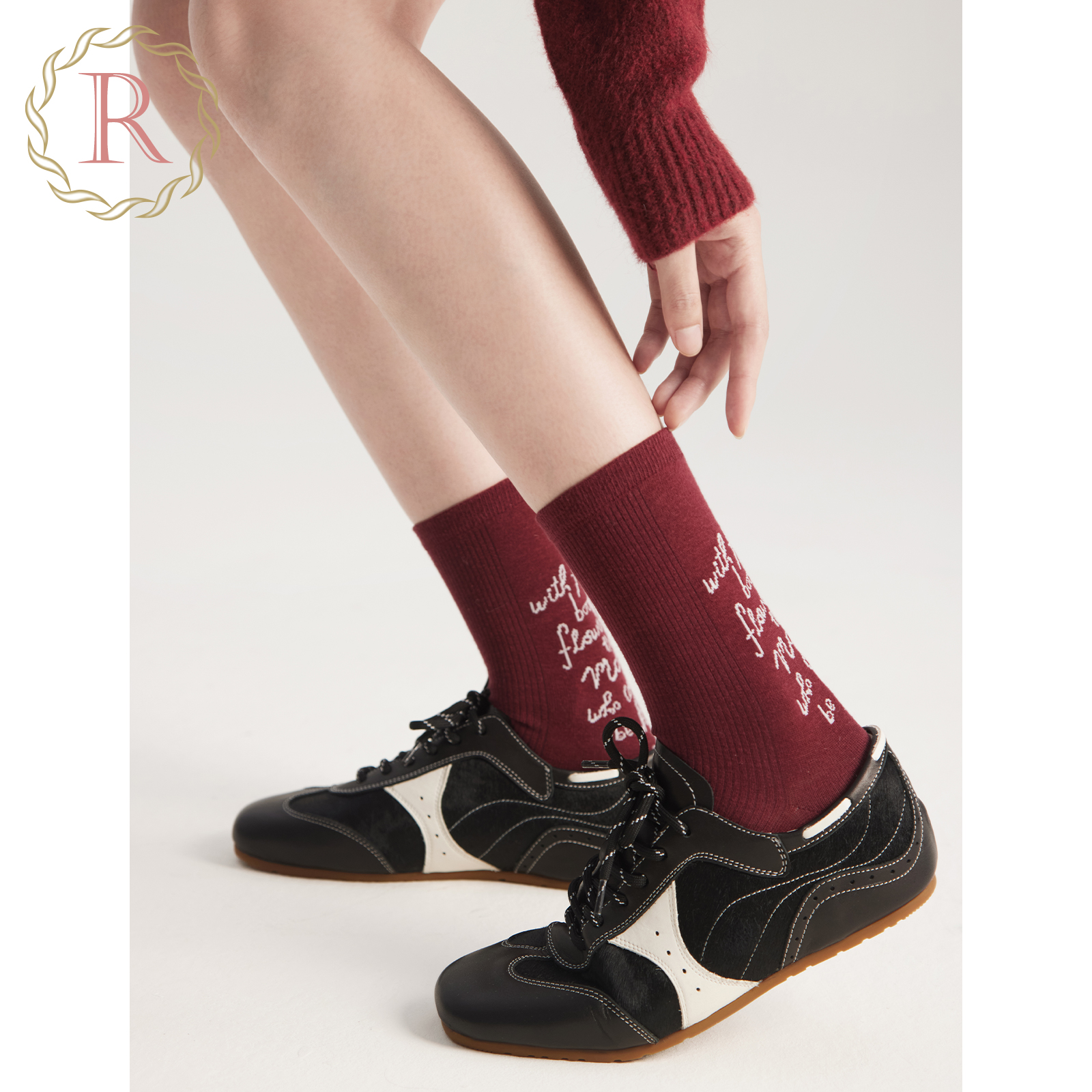 新年圣诞红高级感字母提花中筒袜