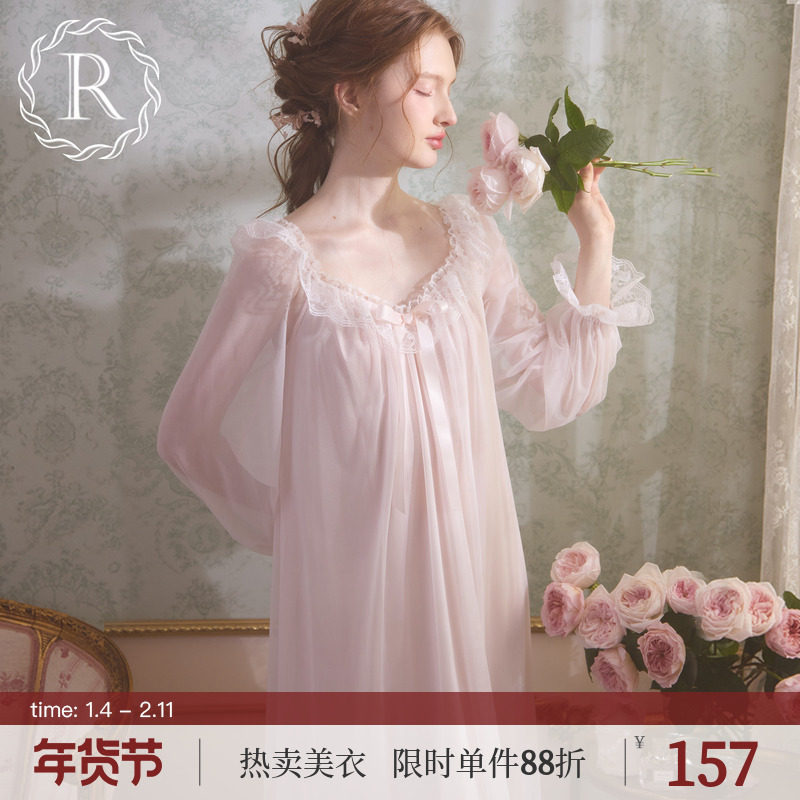 RoseTree冰丝睡裙女春秋长袖蕾丝性感宫廷公主风纯欲睡衣2025新款