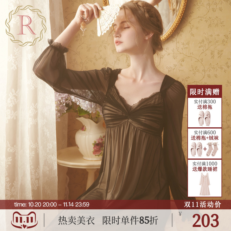 RoseTree网纱蕾丝带胸垫法式睡裙