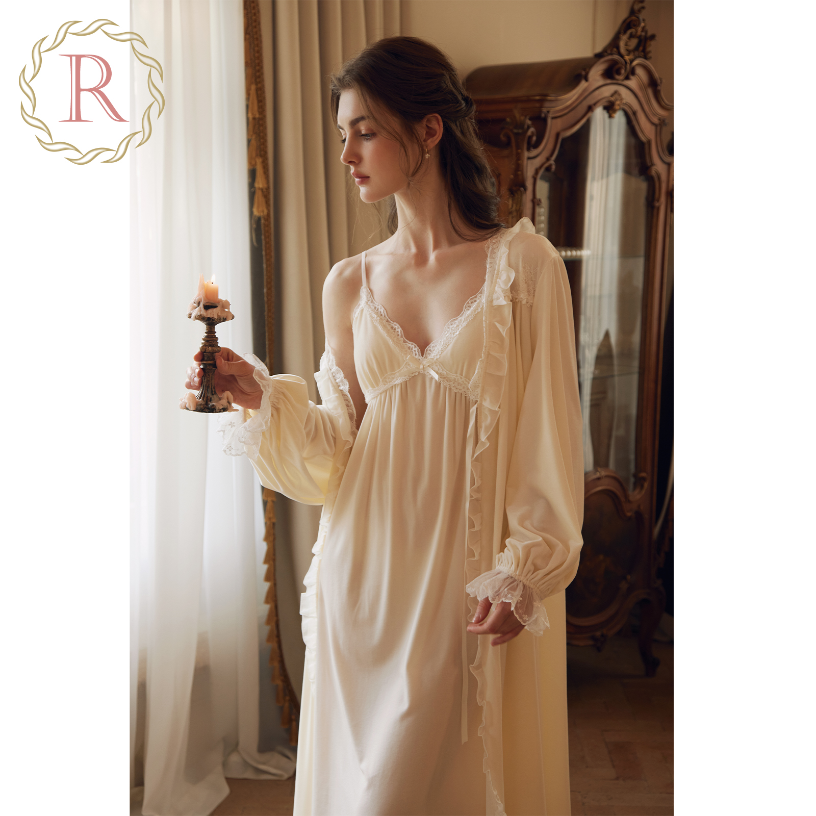 高级慵懒丝绒吊带长裙晨袍两件套