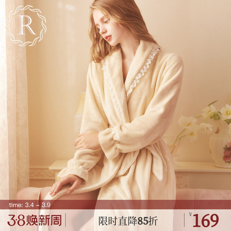RoseTree珊瑚绒睡袍女款冬季加厚加绒浴袍浴衣长款法兰绒睡衣外套