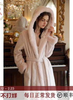 RoseTree珊瑚绒睡袍女冬季连帽长款浴袍加厚保暖国风牛奶绒睡衣