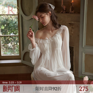RoseTree宫廷风睡裙女春秋季 性感蕾丝网纱独特绝美睡衣带胸垫 长袖