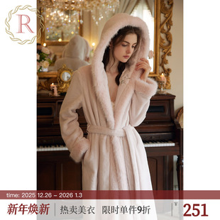 RoseTree珊瑚绒睡袍女冬季 浴袍加厚保暖国风牛奶绒睡衣 连帽长款